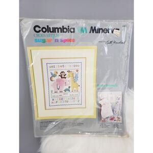 Vintage Birth Sampler Nursery Zoo Safari Animal‎ Elephant Giraffe Cross Stitch